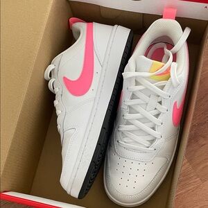 Nike Kids White Sneakers with Pink Swoosh